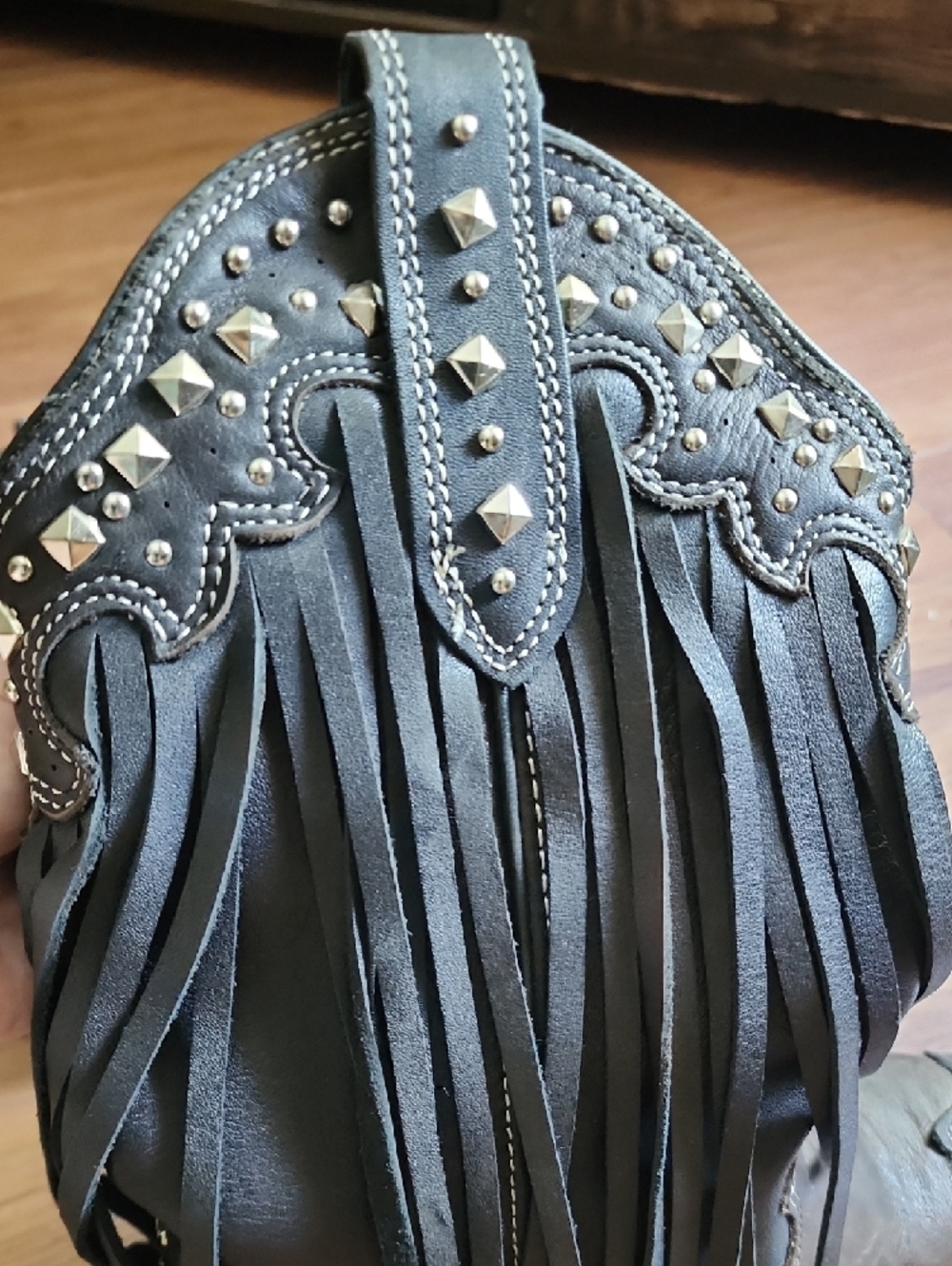 Fringe Studded Western Ankle Boots - Black/Brown with Silver Accents - Picture 2 of 13